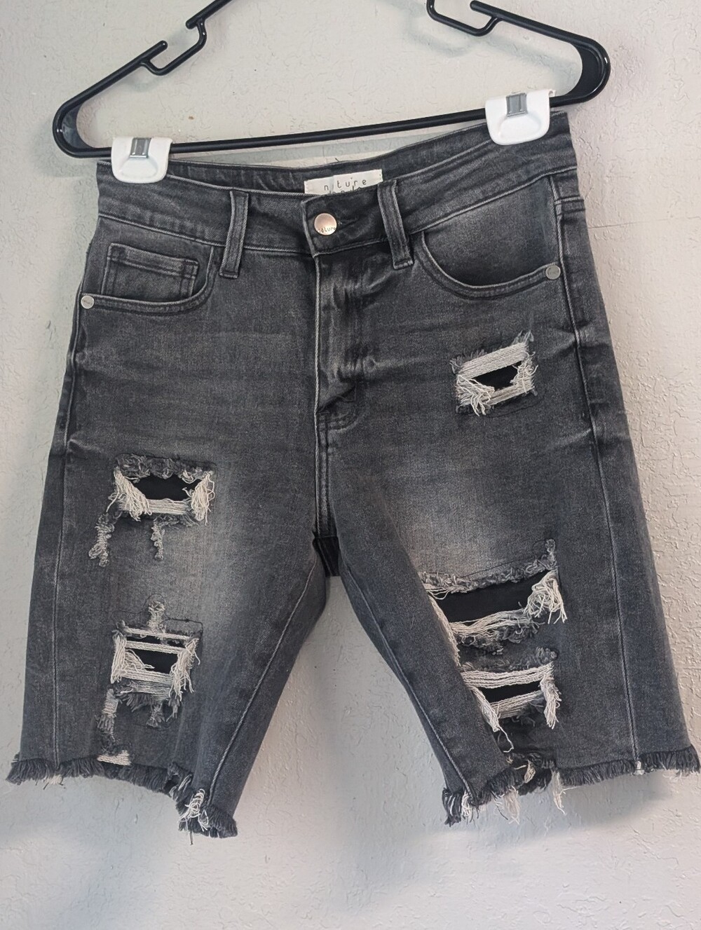 Distressed Denim Shorts M Black Frayed Raw Hem Grunge Indie Festival Modest Boho